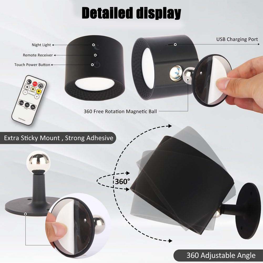 Smart Rechargeable Magnetic Wall Light – 360° Rotating LED Lamp with Remote Control, 3 Color Temperatures & 7 RGB Colors